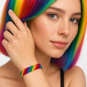 Hand Crafted Hand knit Crocheted bracelet Yarn rainbow multicolored LGBTQIA+